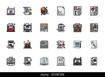 Ensemble de 24 icônes vectorielles pleines de PIXELS parfaits sur le thème du rapport financier, conçu en résolution 64x64 pour une intégration transparente dans les applications et les sites Web Illustration de Vecteur