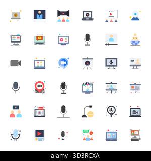 Un ensemble dynamique de 36 icônes vectorielles dans Flat, conçu pour le webinaire avec une qualité modifiable haute résolution adaptée aux produits numériques. Illustration de Vecteur