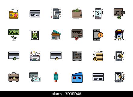 Pack organisé de 24 icônes vectorielles haute résolution dans la conception Line Filled, centré autour des concepts bancaires avec Display Perfect Clarity. Illustration de Vecteur