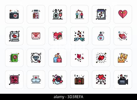 Ensemble simplifié de 24 icônes vectorielles pour Romance in Filled Line Aesthetic, avec une résolution optimisée de 256x256 pixels pour une expérience utilisateur transparente. Illustration de Vecteur
