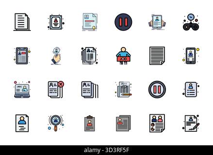 Icônes vectorielles modifiables remplies 24 lignes parfaitement équilibrées pour CV, dimensionnées à haute résolution pour une intégration harmonieuse dans les projets de conception numérique. Illustration de Vecteur