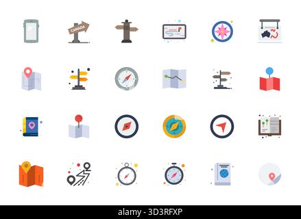 Pack organisé de 24 icônes vectorielles haute résolution dans la conception plate, centrées autour des concepts de guide de voyage avec une clarté modifiable. Illustration de Vecteur