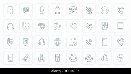 Collection ultime de 32 icônes vectorielles représentant l'esthétique Call in Thin Line, optimisée avec 128x128 Detail Enhanced Resolution pour un impact maximal. Illustration de Vecteur