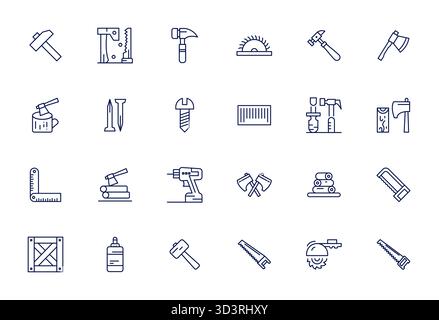 Ensemble de 24 icônes vectorielles Bold Line Grid adaptées sur le thème du travail du bois, conçues en résolution 256x256 pour une intégration transparente dans les applications et les sites Web. Illustration de Vecteur