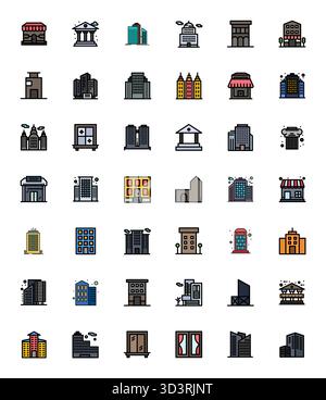 Découvrez un ensemble de 42 icônes vectorielles remplies de Flat Line conçues pour le thème de la façade, avec des designs éditables 256x256 idéales pour les projets UI / UX modernes. Illustration de Vecteur