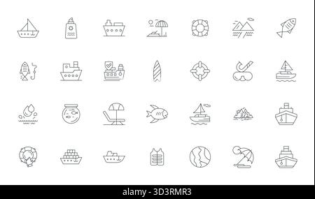 Ce pack d'icônes vectorielles Ocean comprend 28 designs Thin Line au format 128x128 Grid ajusté, parfait pour améliorer les interfaces numériques. Illustration de Vecteur