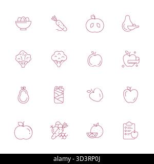Pack essentiel d'icônes vectorielles parfaites de 16 PIXELS pour une alimentation saine au format Thin Line, dimensionné chez Retina prêt pour des performances et une évolutivité optimales. Illustration de Vecteur