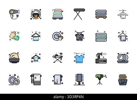 Collection exceptionnelle de 24 icônes vectorielles remplies de ligne pour le séchage, livrée en résolution ajustée Retina Ready Grid pour une excellence visuelle inégalée Illustration de Vecteur