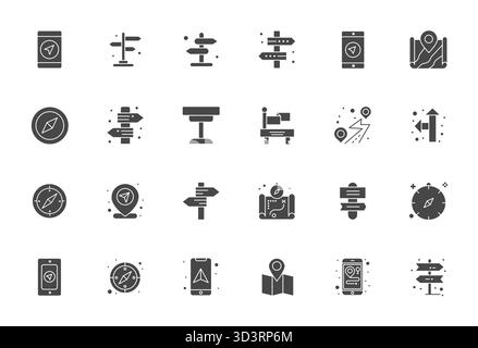 Explorez 24 icônes vectorielles alignées de pixels remplis dans une résolution Retina Ready inspirée par Wayfind. Parfait pour les interfaces Web et d'application. Illustration de Vecteur