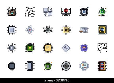 Pack vectoriel avec 24 icônes Flat Line Filled Display parfaites inspirées de Microchip, livrées en haute résolution, idéales pour l'évolutivité et la création Illustration de Vecteur