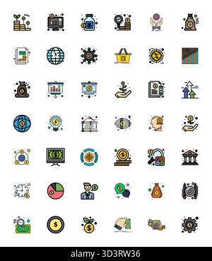 Collection contemporaine de 42 icônes vectorielles représentant Revenue in Flat Line Filled Aesthetic, avec 128x128 pixels de résolution optimisée pour le moderne Illustration de Vecteur