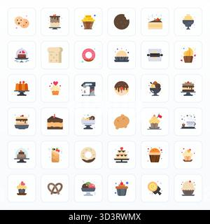 Débloquez des icônes vectorielles parfaites de 36 PIXELS plats inspirées par la pâtisserie, optimisées au format 256x256 pour un affichage impeccable sur tous les appareils. Illustration de Vecteur