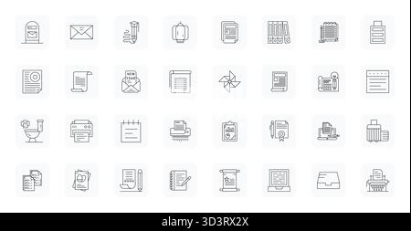 Paquet complet de 32 icônes vectorielles sur le thème du papier, présentant la conception Thin Outline en 256x256 pixels alignés pour les interfaces modernes. Illustration de Vecteur