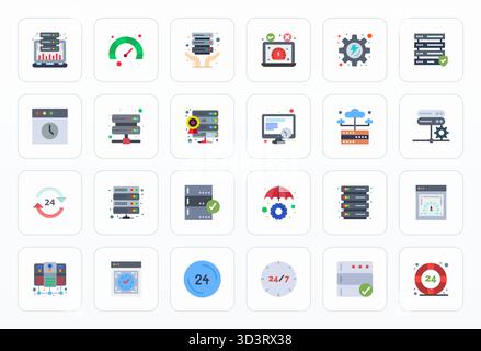 Pack stratégique avec 24 icônes vectorielles représentant Uptime au format Flat, optimisé avec une qualité modifiable haute résolution pour workfl professionnel Illustration de Vecteur