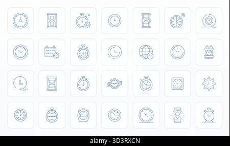 Collection ultime de 28 icônes vectorielles représentant Timer dans l'esthétique Thin Line, optimisée avec la résolution modifiable Retina Ready pour un impact maximal. Illustration de Vecteur