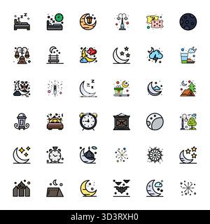 Ensemble sophistiqué de 36 icônes vectorielles remplies de ligne pour la nuit, conçu avec 256x256 affichage d'une clarté parfaite pour les applications professionnelles. Illustration de Vecteur
