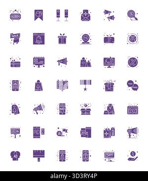 Collection exceptionnelle de 42 icônes vectorielles remplies pour promotion, livrée en 128x128 Detail Enhanced Resolution pour une excellence visuelle inégalée et Illustration de Vecteur