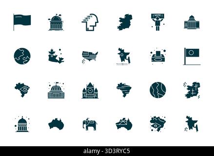 Pack organisé de 24 icônes vectorielles 128x128 dans un design rempli, centré autour de concepts politiques avec la clarté alignée Pixel. Illustration de Vecteur