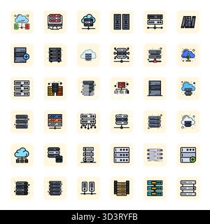 Collection contemporaine de 36 icônes vectorielles représentant des serveurs dans l'esthétique LineFilled, avec 128x128 affichage résolution parfaite pour appli moderne Illustration de Vecteur