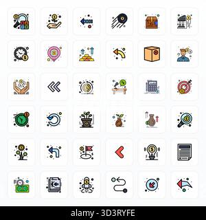 Pack stratégique avec 36 icônes vectorielles représentant le retour au format Filled Line, optimisé avec 256x256 Detail Enhanced Quality pour les professionnels Illustration de Vecteur