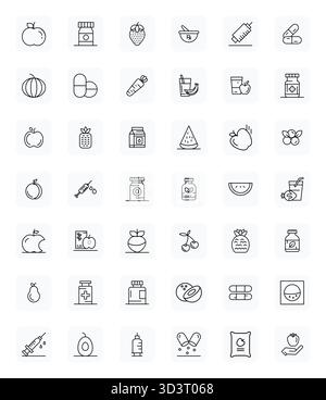 Découvrez un ensemble de 42 icônes vectorielles Bold Outline régulières conçues pour le thème vitamines, avec 128x128 Display Perfect Designs idéales pour l'interface utilisateur / U moderne Illustration de Vecteur
