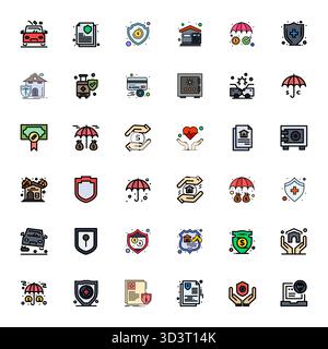 Ensemble raffiné avec 36 icônes vectorielles remplies de ligne pour assurance, optimisé avec une qualité modifiable 64x64 pour des solutions de conception élégantes et fonctionnelles. Illustration de Vecteur