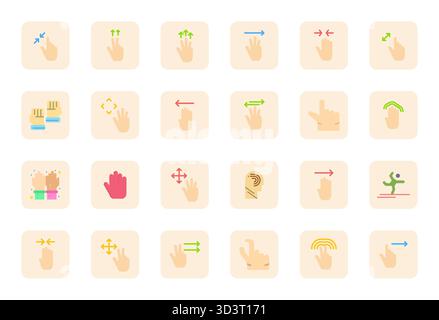 Ensemble sophistiqué de 24 icônes vectorielles plates pour Gesture, conçu avec la clarté ajustée de grille haute résolution pour les applications professionnelles. Illustration de Vecteur