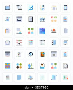 Un ensemble dynamique de 42 icônes vectorielles à plat, adapté pour questionnaire avec 128x128 PIXELS qualité parfaite adapté aux produits numériques. Illustration de Vecteur