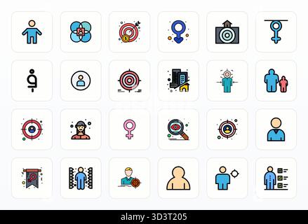 Collection exclusive de 24 icônes vectorielles Filled Line pour démographique, développée avec une résolution ajustée 128x128 Grid pour des expériences de marque premium. Illustration de Vecteur