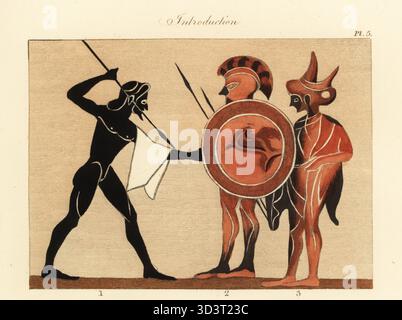 Ancienne armure grecque. Guerriers grecs dans des casques avec des boucliers et des lances d'un vase. Gravure coloriée de Joseph Strutt tirée de son ouvrage Complete View of the Dress and habits of the People of England, Henry Bohn, Londres, 1842. Banque D'Images