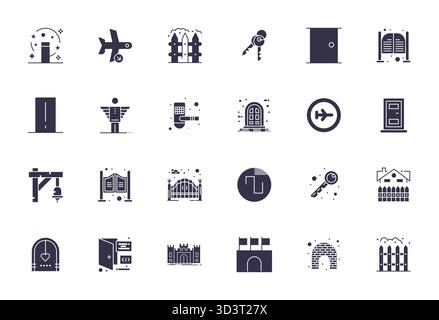 Améliorez vos projets avec 24 icônes vectorielles remplies sur le thème autour de Gate, avec une résolution modifiable 128x128 idéale pour les conceptions propres et professionnelles. Illustration de Vecteur