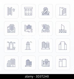 Ensemble complet comprenant 16 icônes vectorielles dans la conception Thin Line pour Skyscraper, livré en 256x256 affichage de qualité parfaite. Illustration de Vecteur