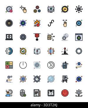 Ensemble simplifié de 42 icônes vectorielles pour un fonctionnement dans une esthétique Flat Line remplie, avec une résolution optimisée Retina Ready Pixel pour une utilisation transparente ex Illustration de Vecteur