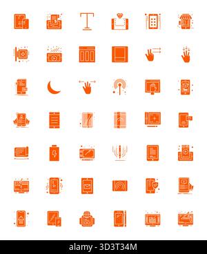 Pack essentiel de 42 icônes vectorielles détaillées améliorées pour tablette au format rempli, dimensionné à 128x128 pour des performances et une évolutivité optimales. Illustration de Vecteur