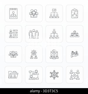 Collection de 16 icônes vectorielles ajustées Thin Line Grid pour les employés, conçues en format haute résolution pour la clarté et la polyvalence. Illustration de Vecteur