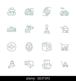 Ultime collection de 16 icônes vectorielles représentant le transport dans l'esthétique Thin Line, optimisé avec une résolution ajustée 64x64 Grid pour un maximum impac Illustration de Vecteur