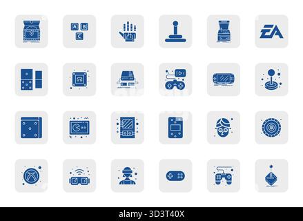 Un ensemble dynamique de 24 icônes vectorielles remplies, adaptées aux jeux avec une qualité modifiable 128x128 adaptée aux produits numériques. Illustration de Vecteur