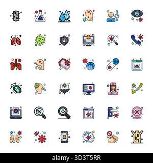 Bundle stratégique avec 36 icônes vectorielles représentant l'infection au format Line Filled, optimisé avec 64x64 affichage de qualité parfaite pour les professionnels Illustration de Vecteur