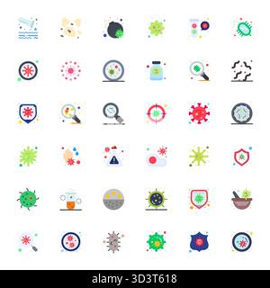 Ensemble simplifié de 36 icônes vectorielles pour microbe en esthétique plate, avec 128x128 affichage résolution parfaite pour des expériences utilisateur transparentes. Illustration de Vecteur