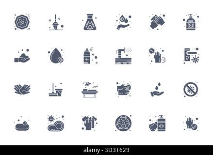 Collection avancée de 24 icônes vectorielles éditables inspirées par la désinfection, conçue avec une optimisation 256x256 pour des performances visuelles supérieures. Illustration de Vecteur