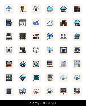 Ultime collection de 42 icônes vectorielles représentant l'hébergement dans LineFilled esthétique, optimisé avec 64x64 Detail résolution améliorée pour un maximum impac Illustration de Vecteur