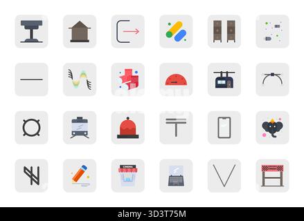 Collection exclusive de 24 icônes vectorielles plates pour Line, développée avec une résolution adaptée 256x256 Grid pour des expériences de marque premium. Illustration de Vecteur
