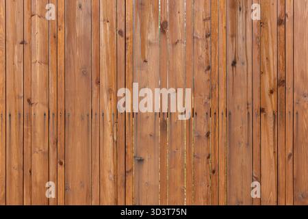 Une vue de face rapprochée d'une clôture en bois faite de planches marron verticales. Les nœuds altérés et les vis visibles créent une barrière extérieure rustique idéale pour Banque D'Images