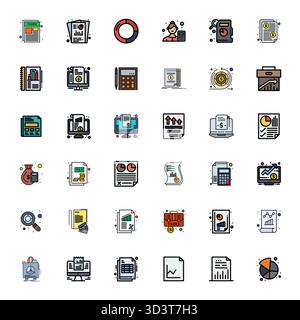 Pack prêt pour l'avenir de 36 icônes vectorielles sur le thème du rapport financier, présentant la conception remplie de Flat Line avec 256x256 détail clarté améliorée pour innov Illustration de Vecteur