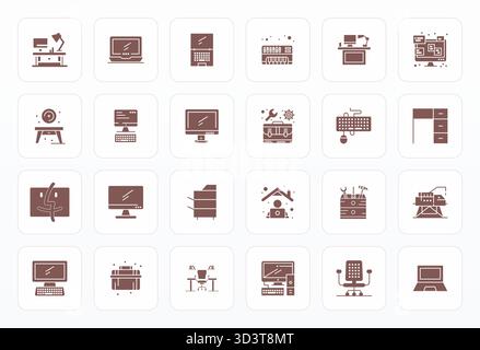 Un ensemble dynamique de 24 icônes vectorielles en glyphe, adapté à la station de travail avec une qualité alignée de pixels haute résolution adaptée aux produits numériques. Illustration de Vecteur