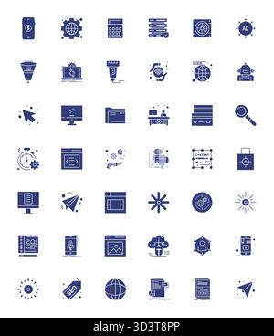 Ensemble raffiné avec 42 icônes vectorielles remplies pour le numérique, optimisé avec 128x128 affichage qualité parfaite pour une solution de conception élégante et fonctionnelle Illustration de Vecteur