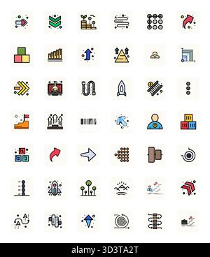 Un ensemble dynamique de 42 icônes vectorielles en LineFilled, adapté pour la progression avec une qualité alignée 128x128 pixels adaptée aux produits numériques. Illustration de Vecteur