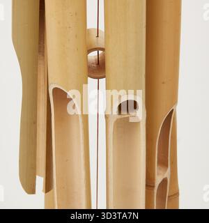 Mobile en bambou doré avec des détails clairs de coquillages suspendus à des cordes se balançant dans le fond de la nature isolé du vent avec chemin de découpage Banque D'Images