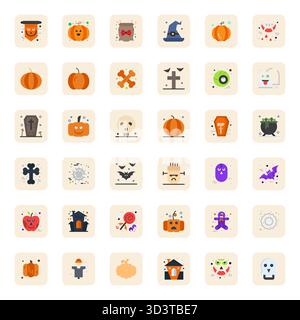 Déverrouiller 36 Flat Detail icônes vectorielles améliorées inspirées par Halloween, optimisées au format 64x64 pour un affichage sans faille sur tous les appareils. Illustration de Vecteur