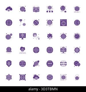 Cet ensemble de 36 icônes vectorielles remplies capture des thèmes Global Reach en qualité modifiable 256x256, parfait pour les applications technologiques et commerciales. Illustration de Vecteur